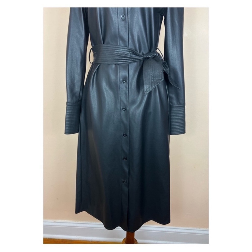 New! GRACIA Puff Sleeve Belted Faux Vegan Leather Trench Coat Midi Dress - Picture 6 of 11